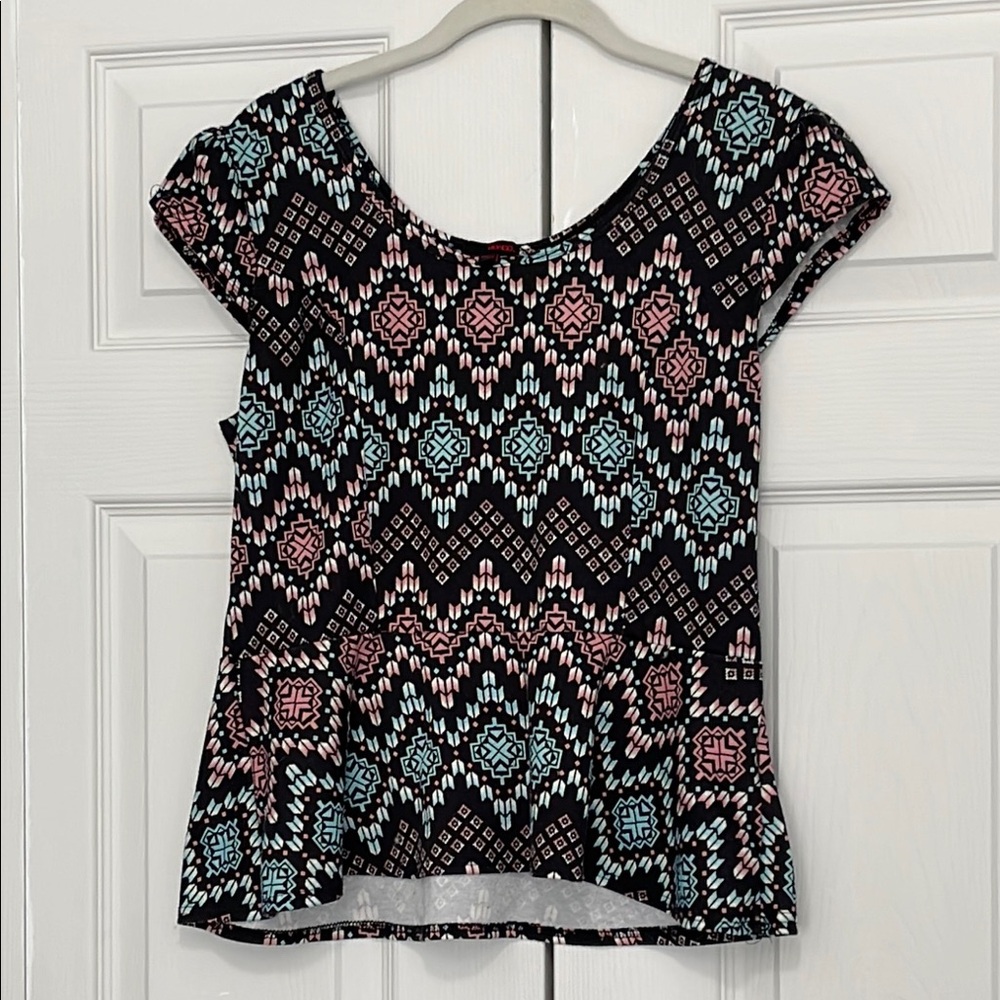 Patterned Women's Peplum Top - Black, Pink, Blue